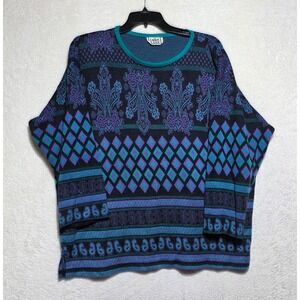 Cricket Lane Vintage Knit Top Teal Purple Paisley Geometric Pattern Crewneck L